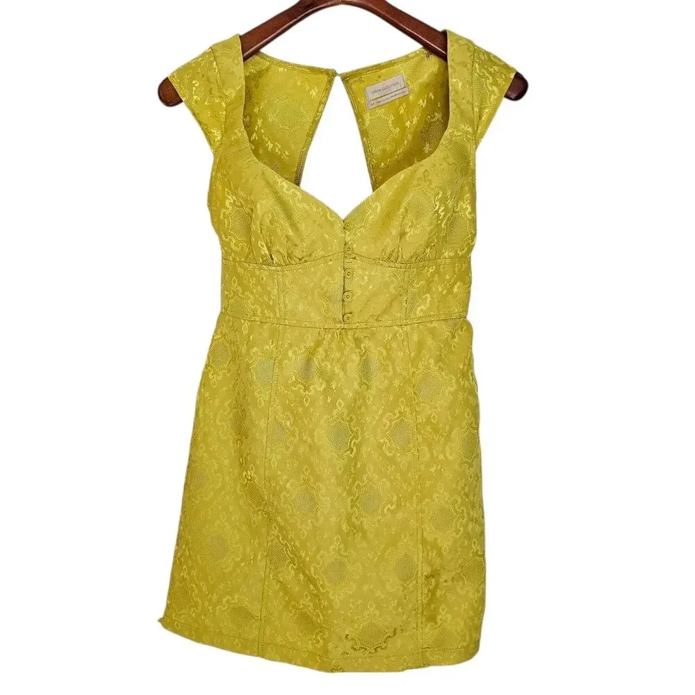 Urban Outfitters Yellow Harriet Jacquard Bustier Mini Dress with Cap Sleeves
